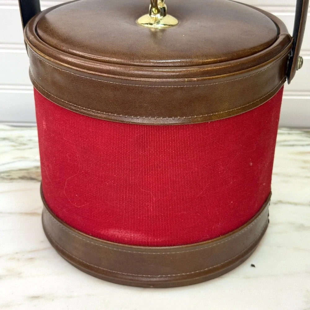 Vintage Ice Bucket Red Fabric Brown Vinyl Mid Century Barware 70s